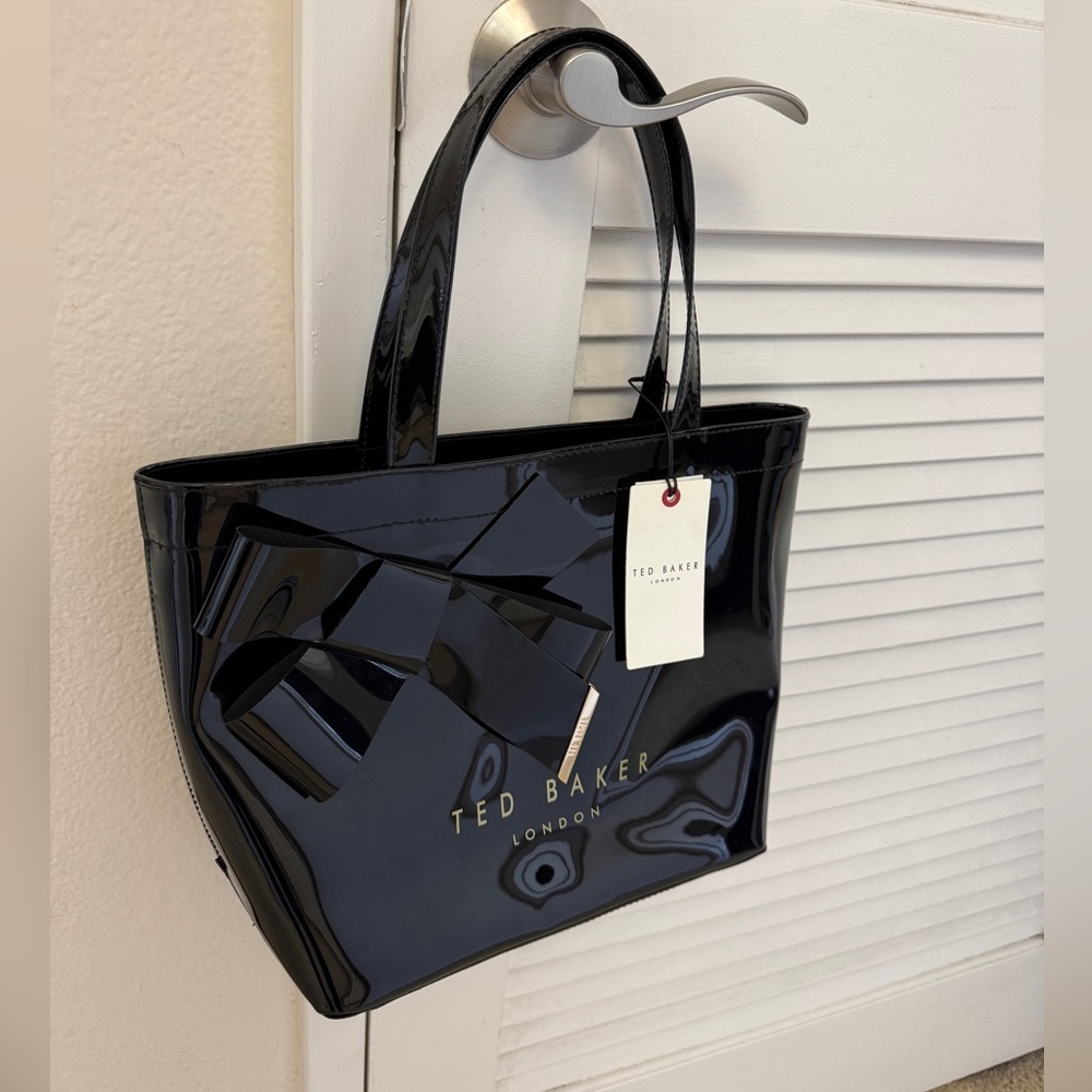 Ted Baker London Black Patent Bow Tote Shopper Bag NWT Large Glossy